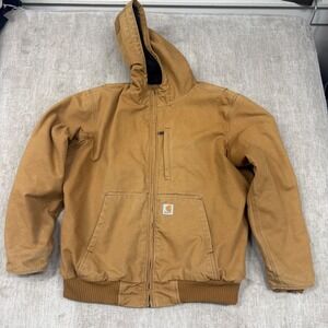 Carhartt Hooded Duck Canvas Jacket Brown Fleece Lined Workwear Full Zip Mens XL